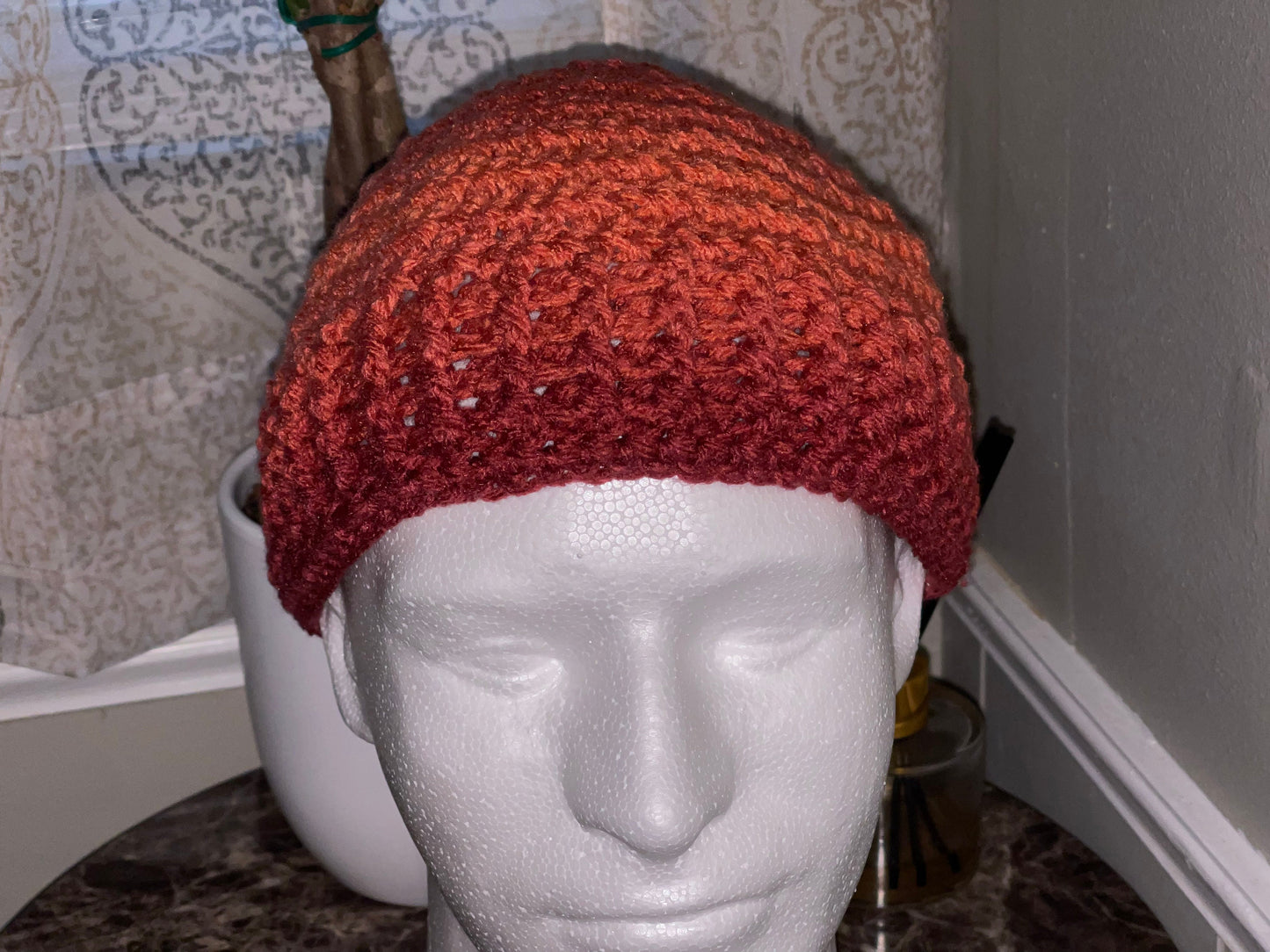 Crochet Kufi Hat: Ribbed Acrylic Beanie in Hot Sauce