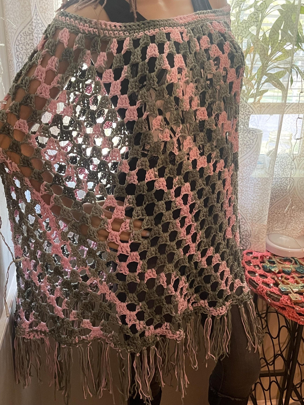 Cotton Crochet Poncho: Green & Pink, Fits Most