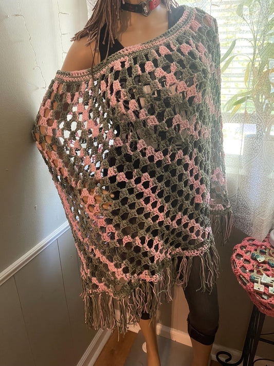 Cotton Crochet Poncho: Green & Pink, Fits Most