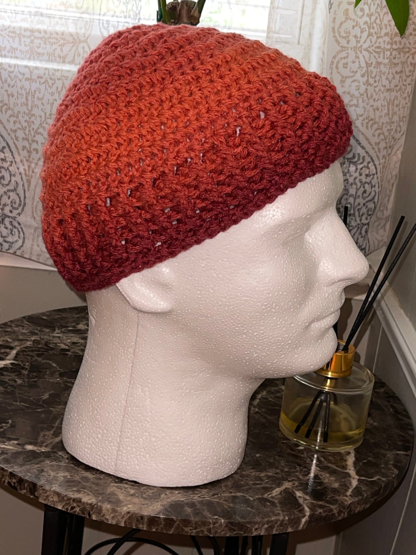Crochet Kufi Hat: Ribbed Acrylic Beanie in Hot Sauce