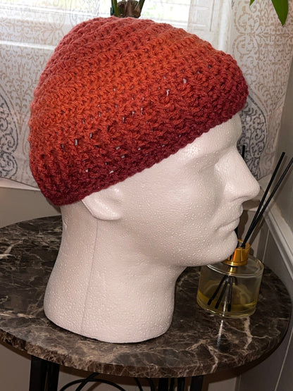 Crochet Kufi Hat: Ribbed Acrylic Beanie in Hot Sauce