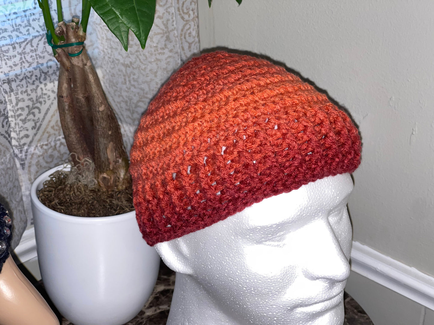 Crochet Kufi Hat: Ribbed Acrylic Beanie in Hot Sauce