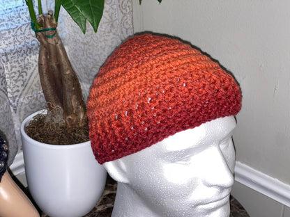 Crochet Kufi Hat: Ribbed Acrylic Beanie in Hot Sauce