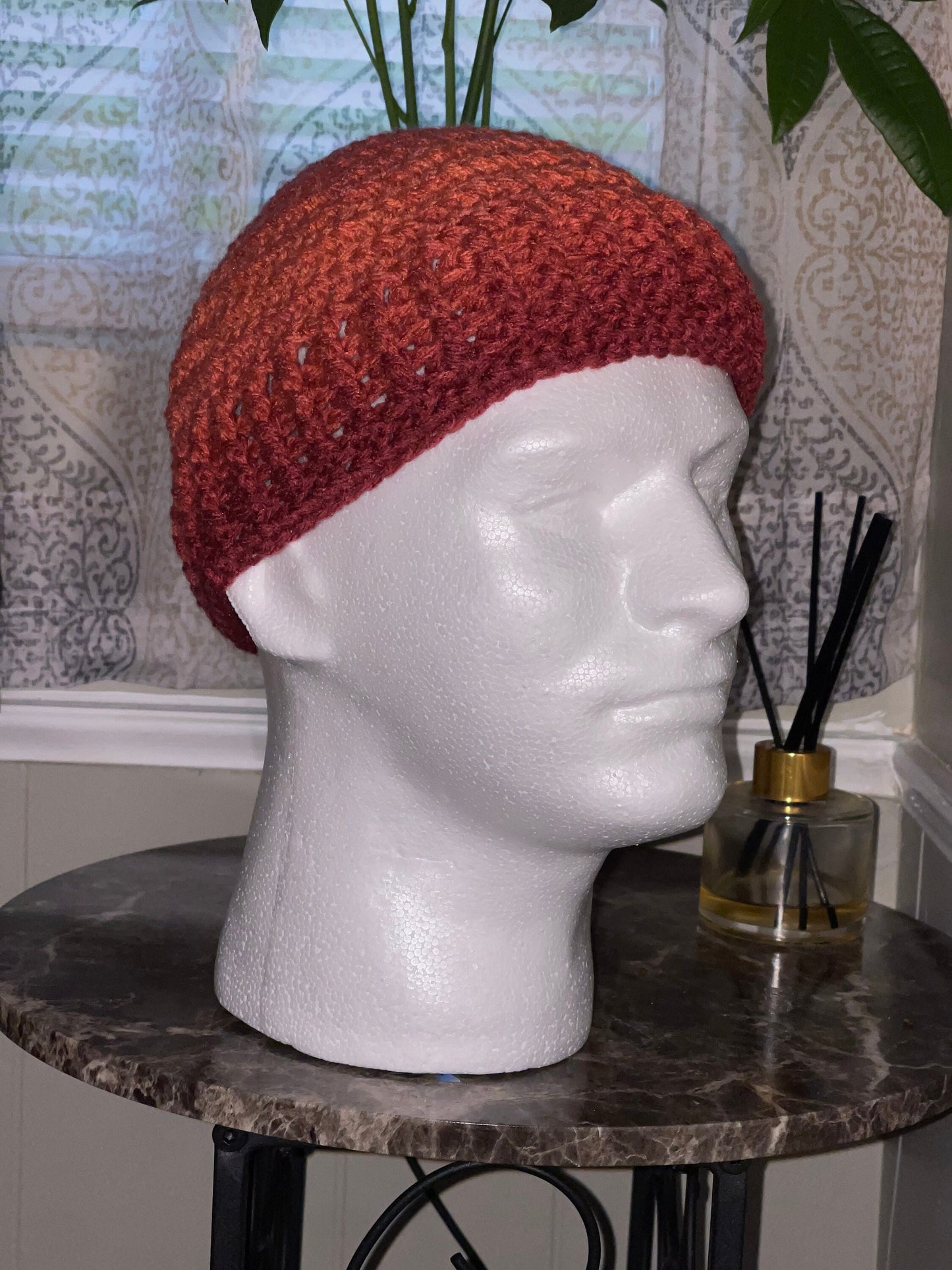 Crochet Kufi Hat: Ribbed Acrylic Beanie in Hot Sauce