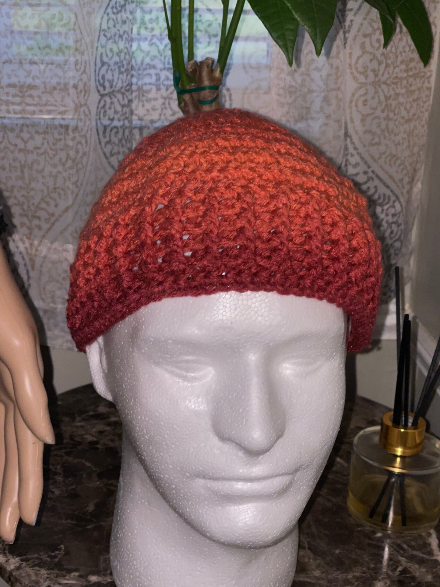 Crochet Kufi Hat: Ribbed Acrylic Beanie in Hot Sauce