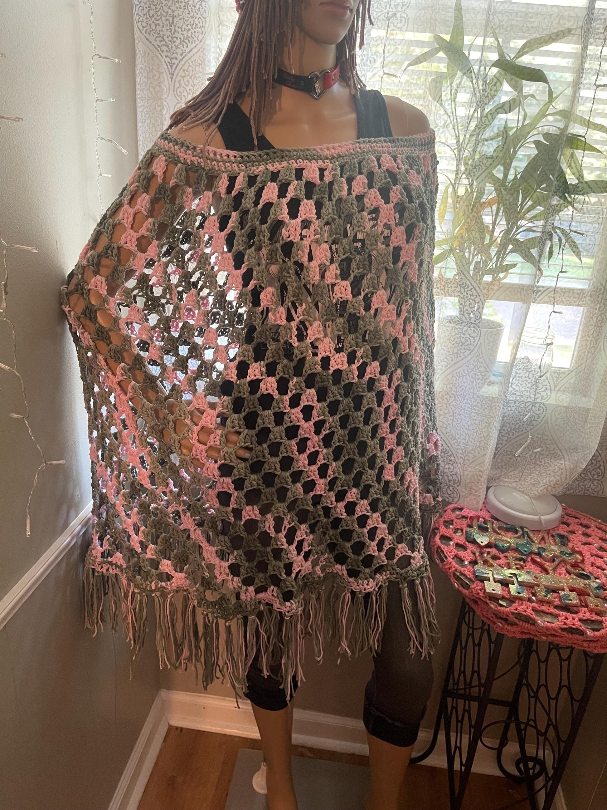 Cotton Crochet Poncho: Green & Pink, Fits Most