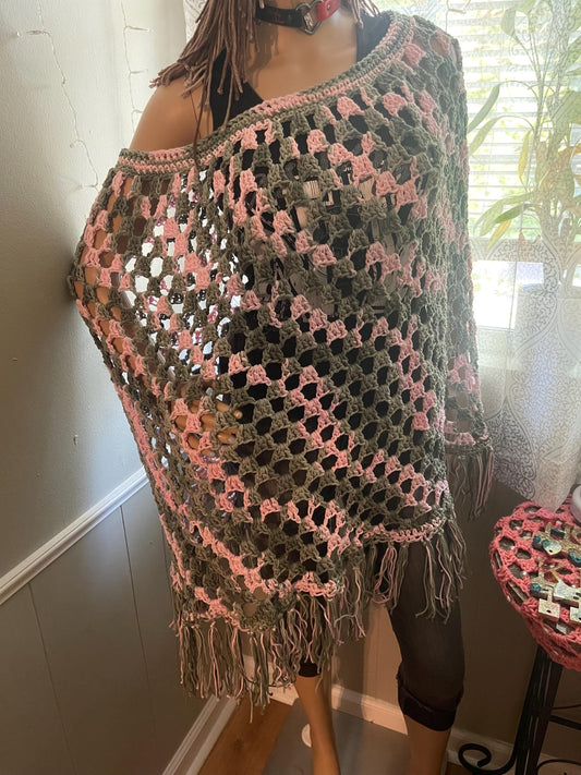 Cotton Crochet Poncho: Green & Pink, Fits Most