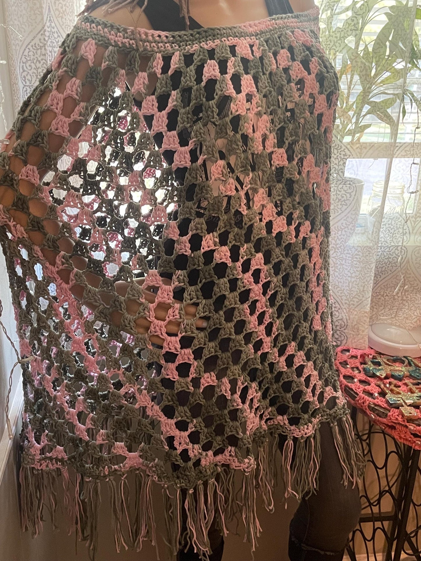Cotton Crochet Poncho: Green & Pink, Fits Most