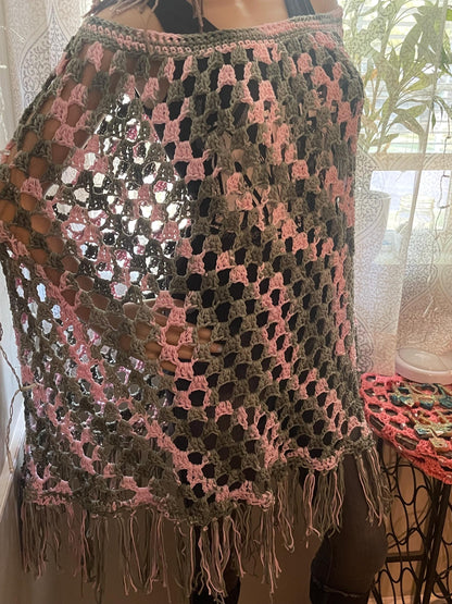 Cotton Crochet Poncho: Green & Pink, Fits Most
