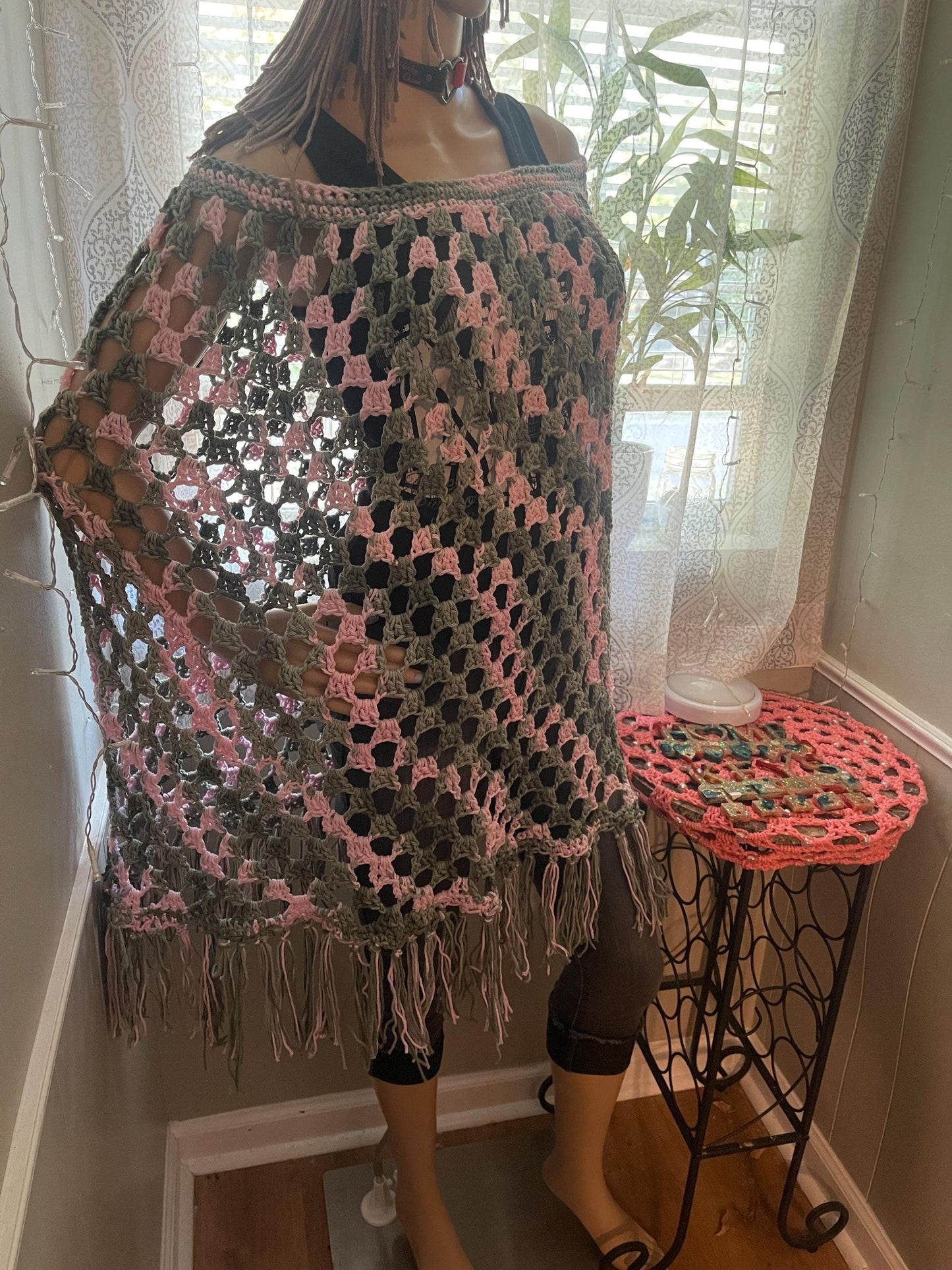 Cotton Crochet Poncho: Green & Pink, Fits Most