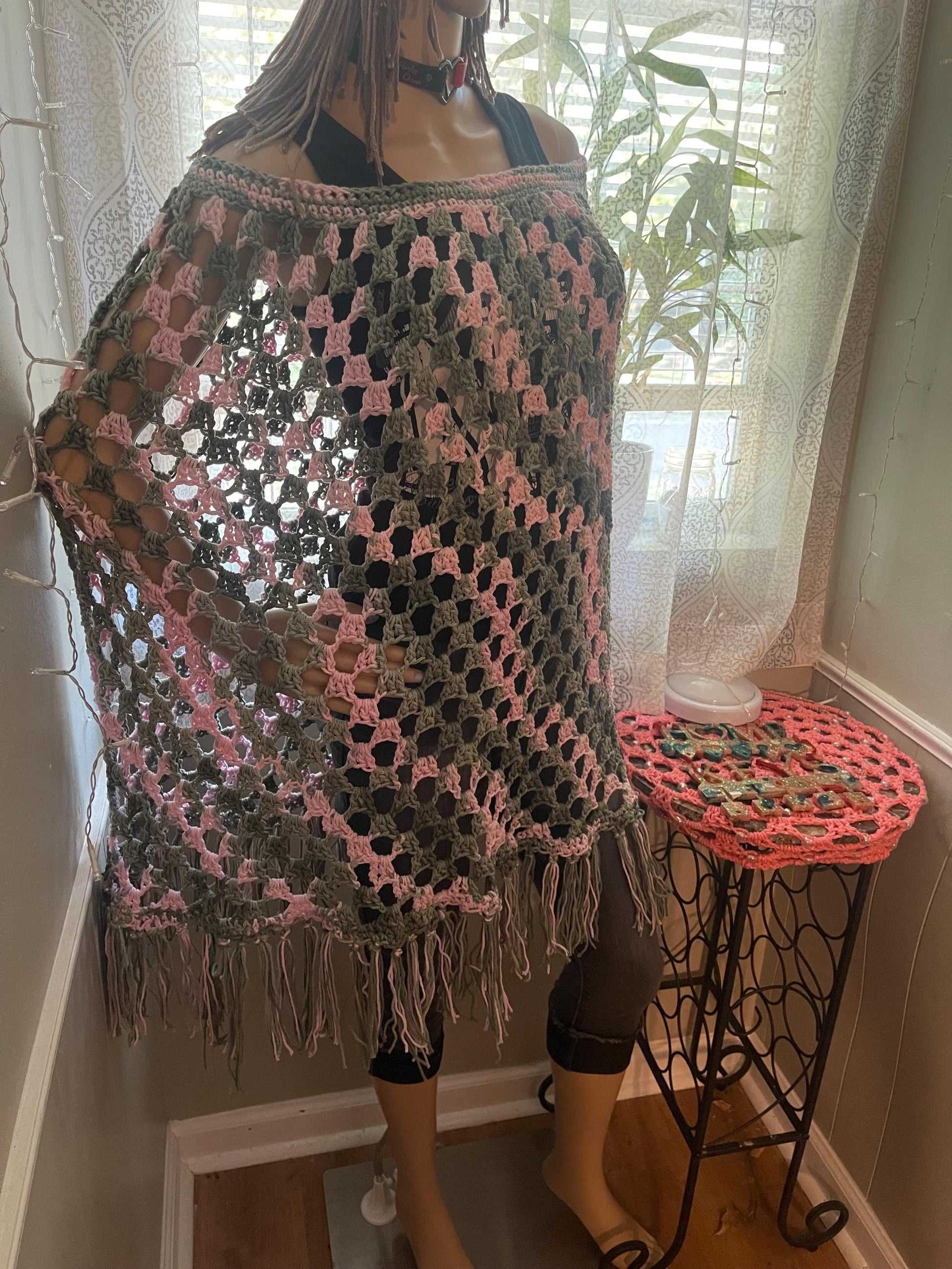 Cotton Crochet Poncho: Green & Pink, Fits Most