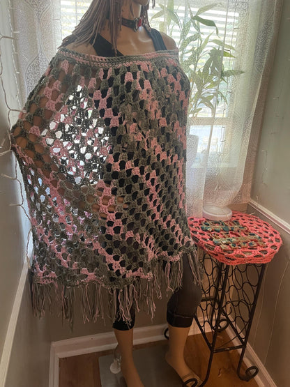 Cotton Crochet Poncho: Green & Pink, Fits Most