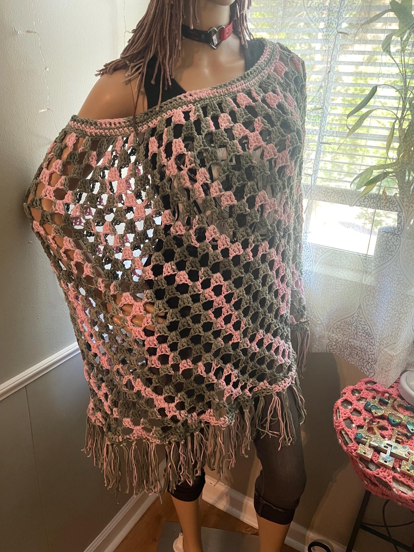 Cotton Crochet Poncho: Green & Pink, Fits Most