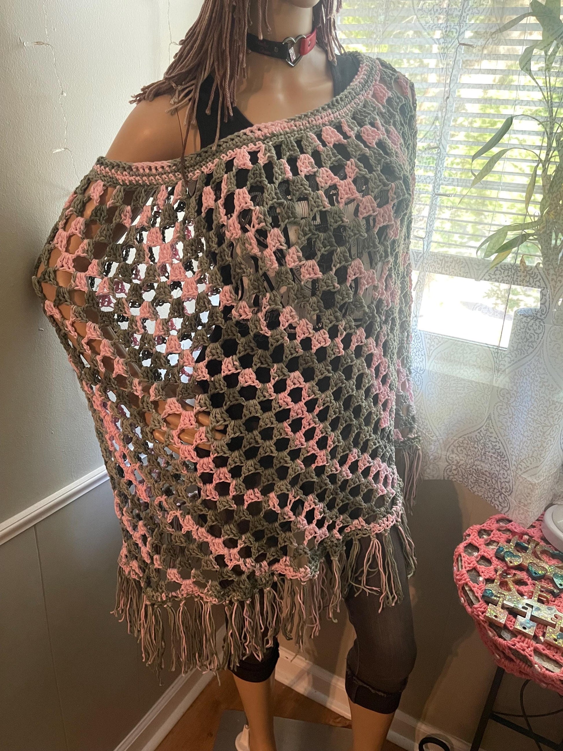 Cotton Crochet Poncho: Green & Pink, Fits Most