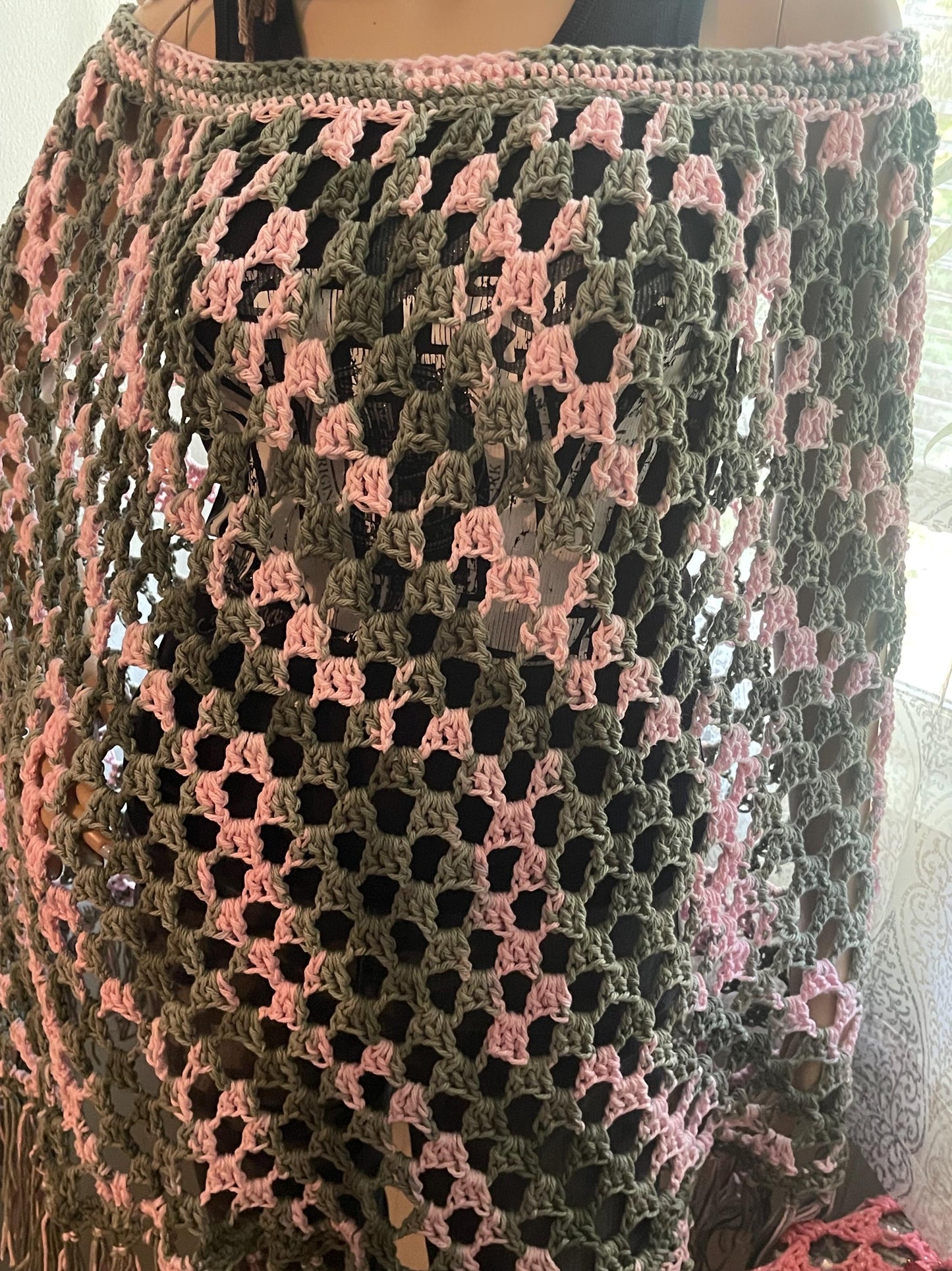 Cotton Crochet Poncho: Green & Pink, Fits Most