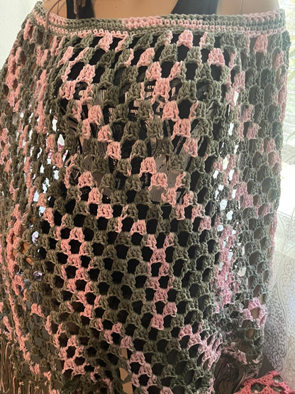 Cotton Crochet Poncho: Green & Pink, Fits Most