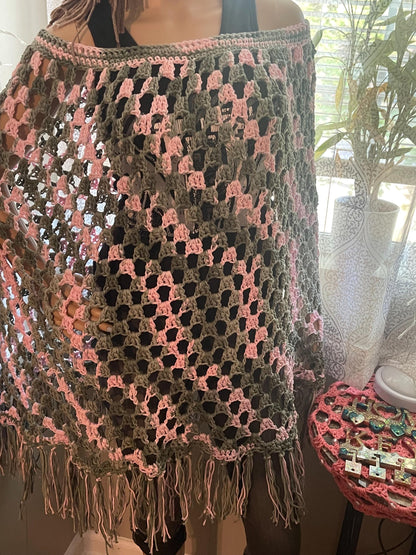Cotton Crochet Poncho: Green & Pink, Fits Most