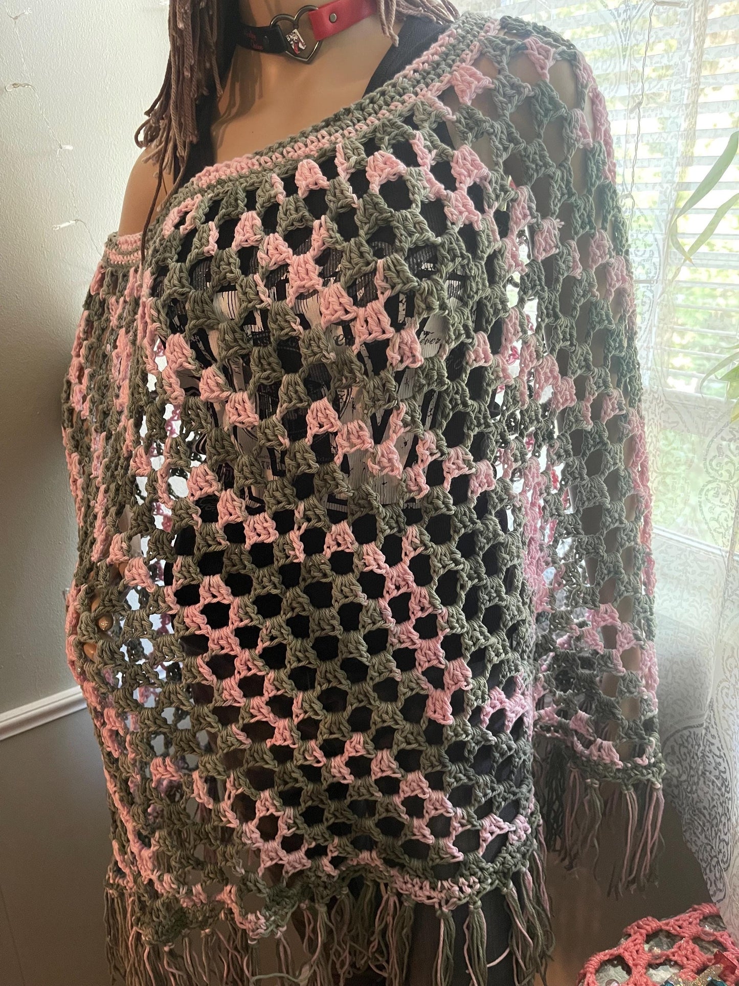 Cotton Crochet Poncho: Green & Pink, Fits Most
