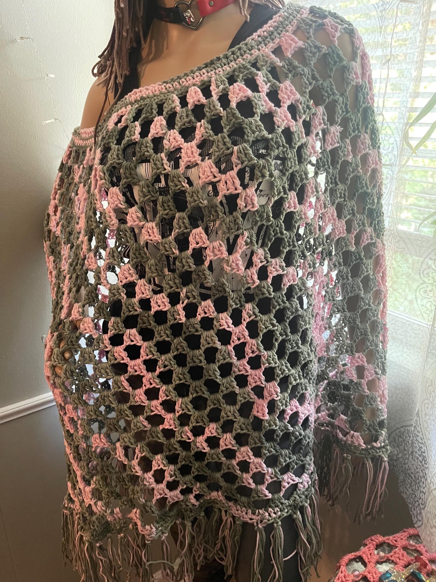 Cotton Crochet Poncho: Green & Pink, Fits Most
