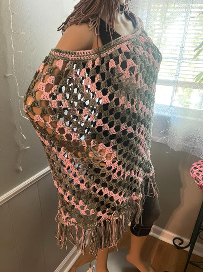 Cotton Crochet Poncho: Green & Pink, Fits Most
